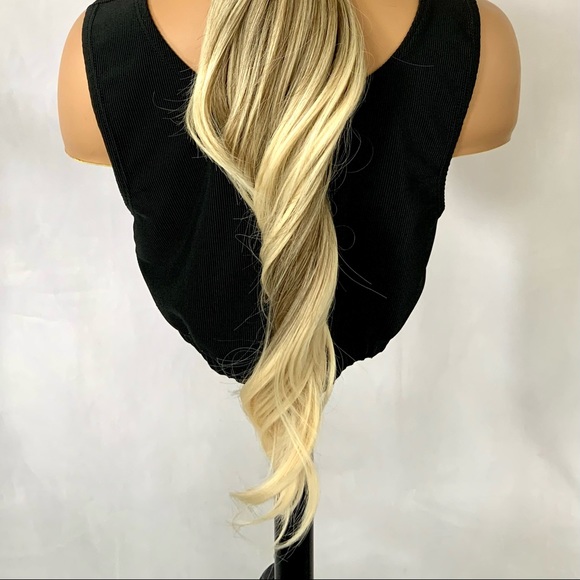 Long Ash Blonde Curling Iron Safe Fiber Wig with Bangs/Effortless Style - Picture 12 of 15